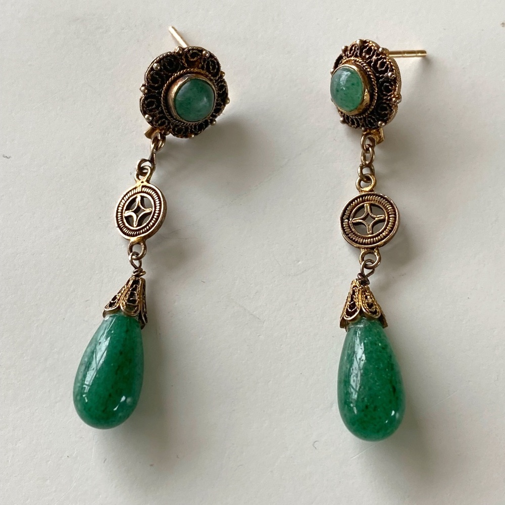 Vintage Chinese Sterling silver Vermeil coin natural Aventurine earrings